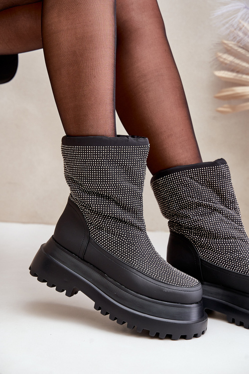 Снігові черевики з прикрасами на платформі та плоскій каблуці Чорні Avivina