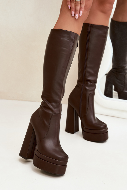 Утеплені жіночі чоботи на підборах і платформі шоколадні Lysara
