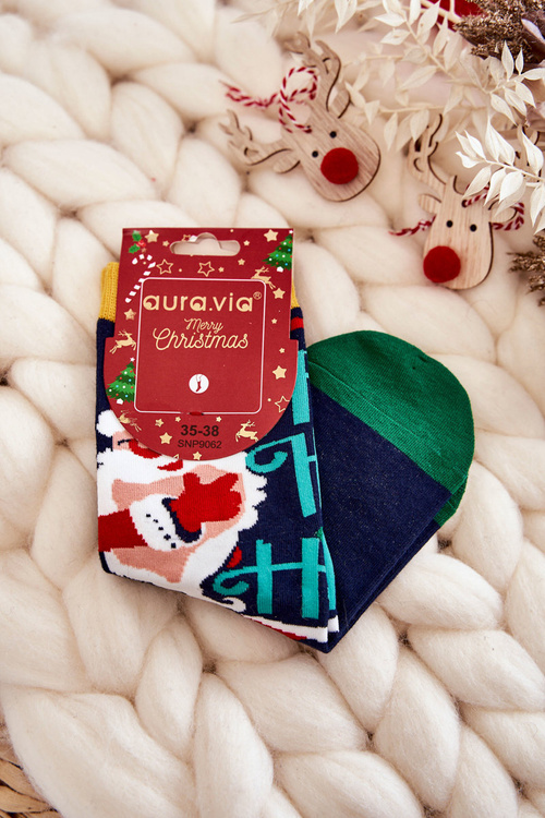 Жіночі шкарпетки з новорічним візерунком "Хо Хо Хо" Темно-сині