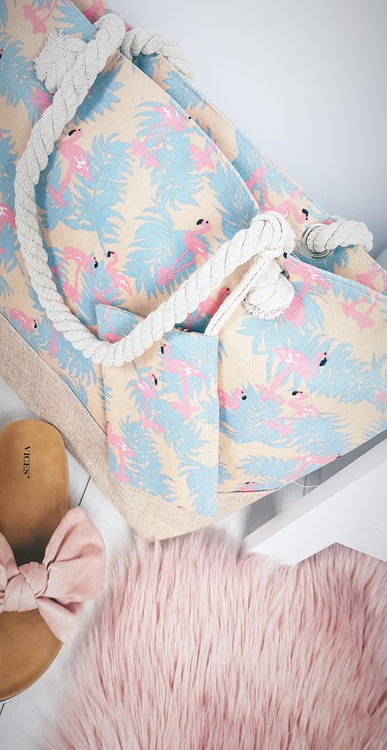 Пляжна велика бежева сумка Сумка жіноча фламінго