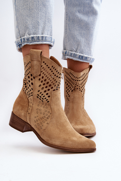 Zazoo 3305/2 Жіночі ковбойські чоботи з вирізом на низькому каблуці, замшеві бежеві