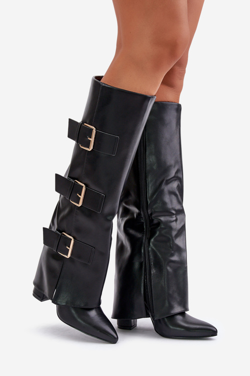 Жіночі утеплені чоботи на підборах з валькованою халявою та пряжками чорного кольору Piregonia
