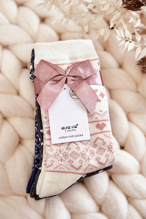 Упаковка жіночих різдвяних шкарпеток зі сніжинками та сердечками, 3 шт., бежевого кольору