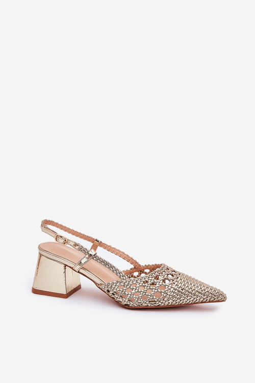 Сандалі На Каблуку З Плетінням І Загостреними Носками Золоті Resterri