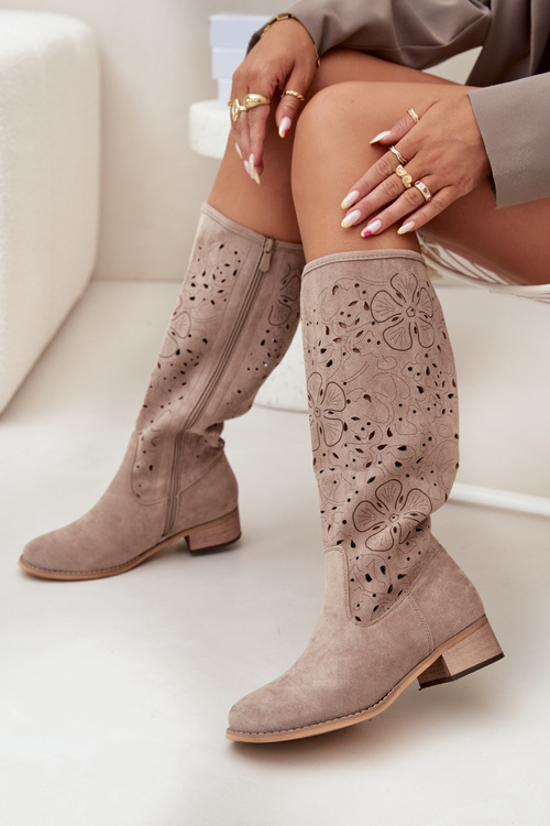 Жіночі Ажурні Чоботи На Низькому Каблуку Еко Замша На Замку Бежеві Orchides