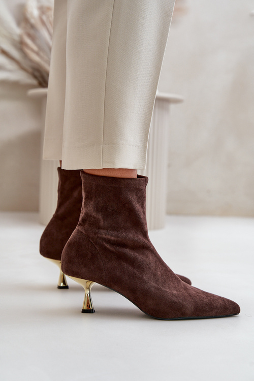 Жіночі черевики на шпильці Еко замшеві з гострими носками Коричневі Irithare