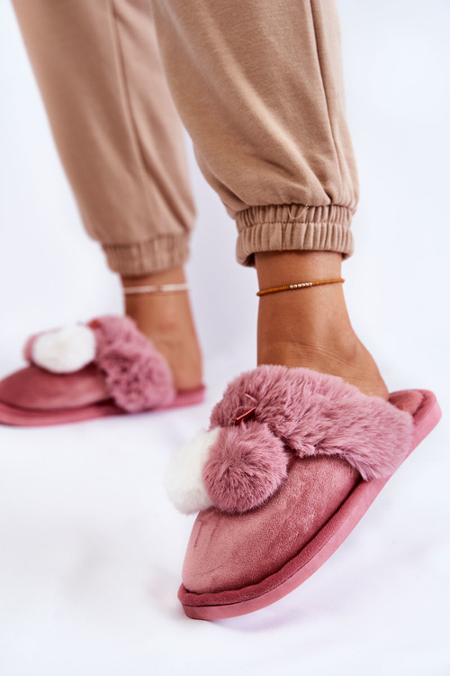 Жіночі тапочки з помпонами і хутром Рожева сахіра