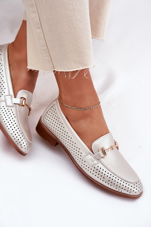 Шкіряні Жіночі Мокасини З Декором На Плоскому Каблуці S.Barski LR51-594 Сріблясті