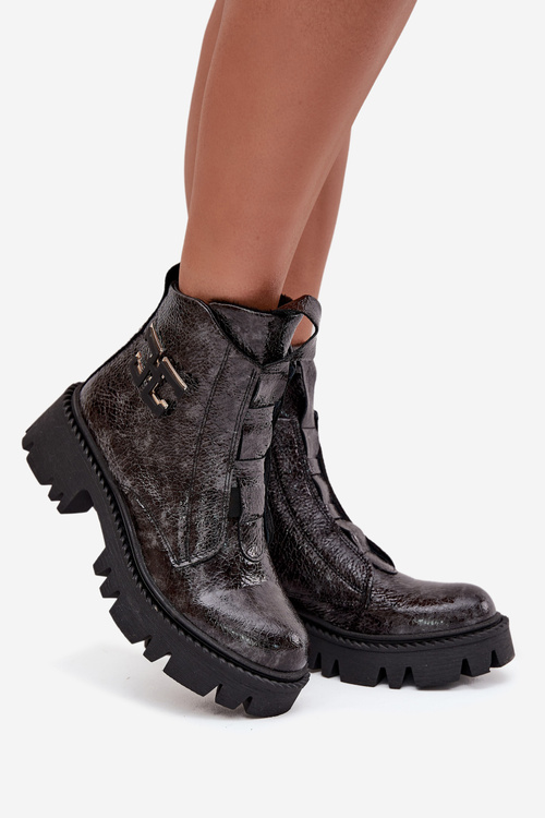 Шкіряні лаковані жіночі черевики з оздобленням ізоляційні Artiker 57C2081 графітові