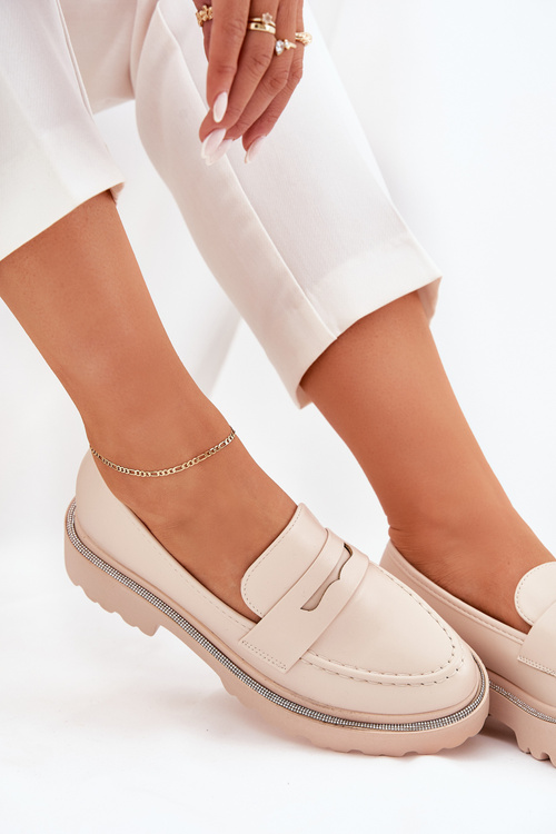 Дамські Мокасини Еко Шкіра З Цирконіями Бежеві Wilamla