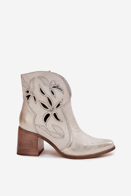 Жіночі ботильйони з відкритою мережею з натуральної шкіри на підборах Zazoo 3690 золотий потертий