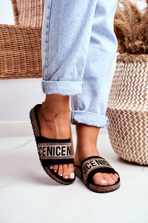 Тапочки на корковій підошві з кубічним цирконієм чорного золота Be Nice