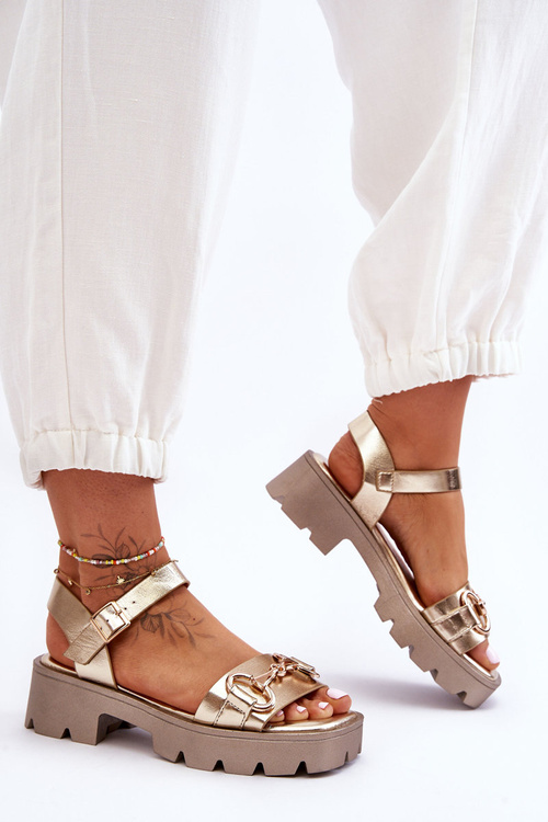 Жіночі шкіряні босоніжки з прикрасами золото Emori