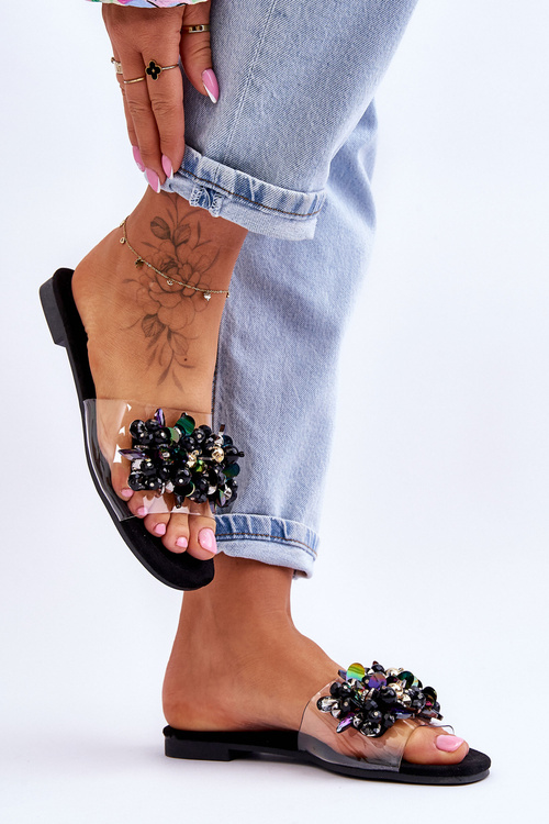 Жіночі тапочки з декоративними камінням S.Barski KV-576-3 Чорні