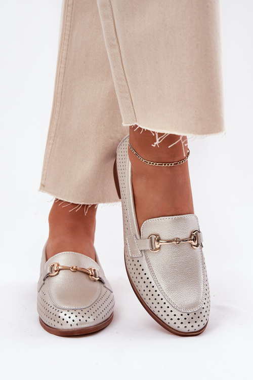 Шкіряні Жіночі Мокасини З Декором На Плоскому Каблуці S.Barski LR51-594 Сріблясті