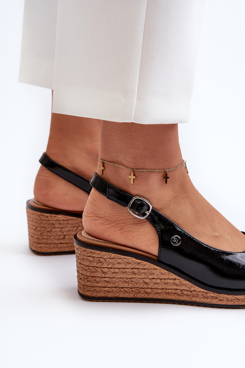 Жіночі лаковані босоніжки на танкетці Sergio Leone SK301 Чорні