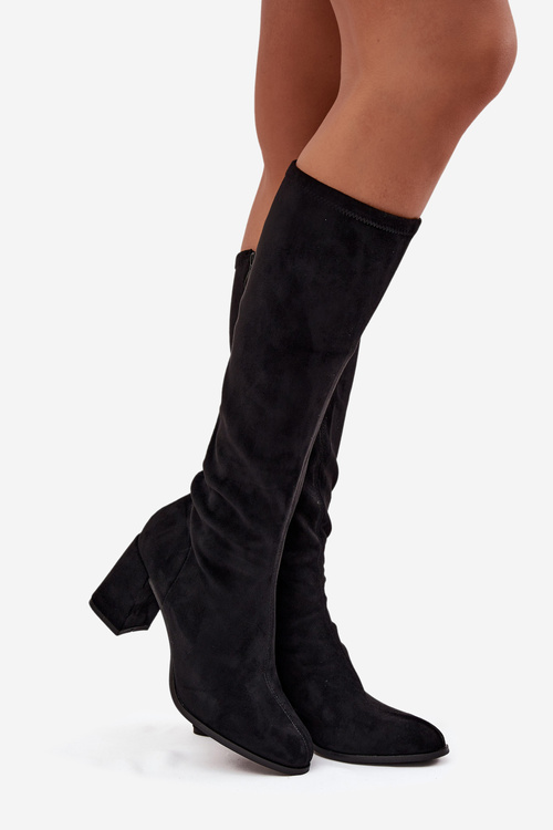 Жіночі чоботи на каблуці з еко замшу чорні Yelisse