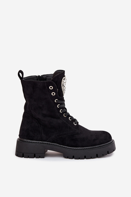 Жіночі робочі ботфорти з кристалами на язичку чорний Rosira