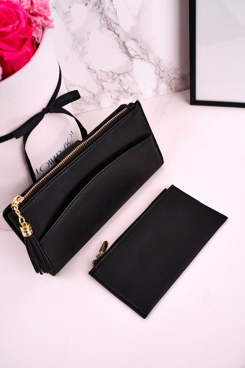 Великий жіночий гаманець з додатковим гаманцем і бахромою чорного кольору