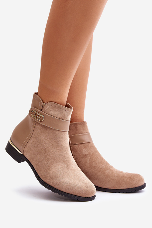 Теплі жіночі ботильйони на плоскому каблуці та золотистих деталях бежеві Ravasira