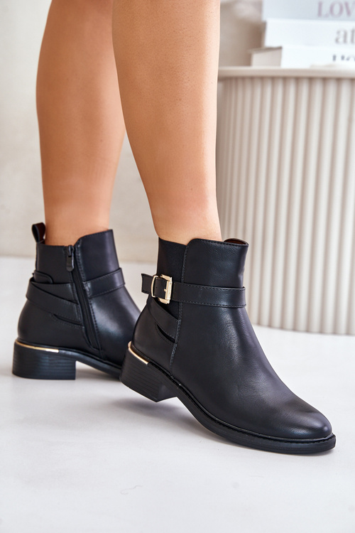 Жіночі ботильйони на низькому каблуці з екошкіри чорного кольору Zinlora