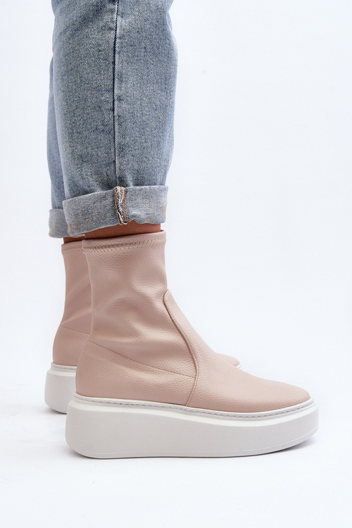 Жіночі шкіряні ботильйони Zazoo 3395 на масивній платформі бежеві