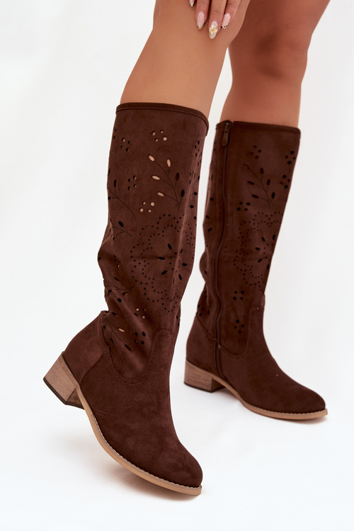 Ажурні жіночі чоботи на каблуці шоколадні Helinna