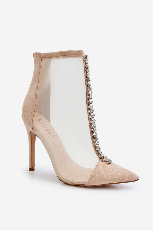 Модні жіночі чоботи на шпильці з сіткою бежеві Rummi