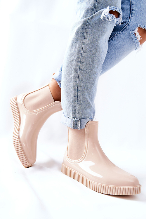 Блискучі гумові чоботи калоші на платформі бежевий водоспад