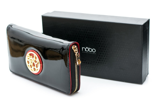 Великий жіночий чорний лакований гаманець Nobo Red