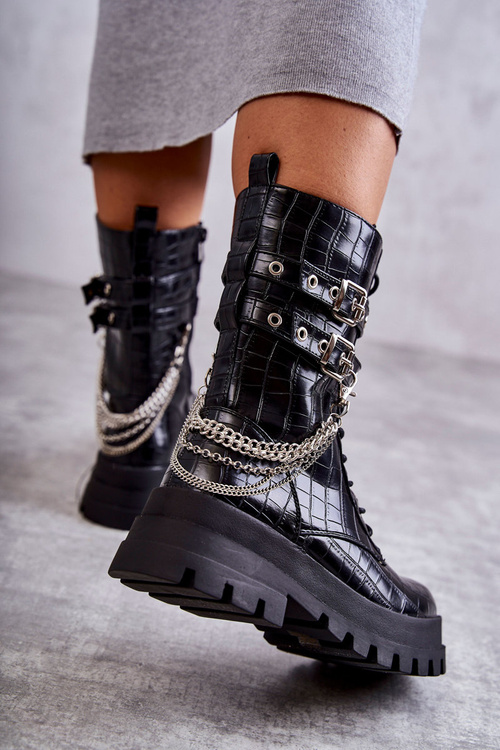 Високі робочі черевики з ланцюгом зі змійкою чорного кольору Montero