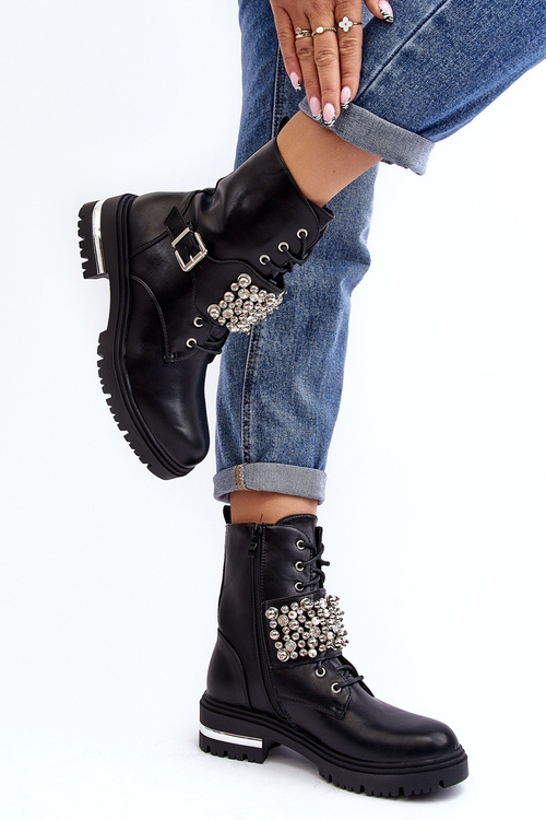 Жіночі утеплені робочі черевики з декором чорного ленна