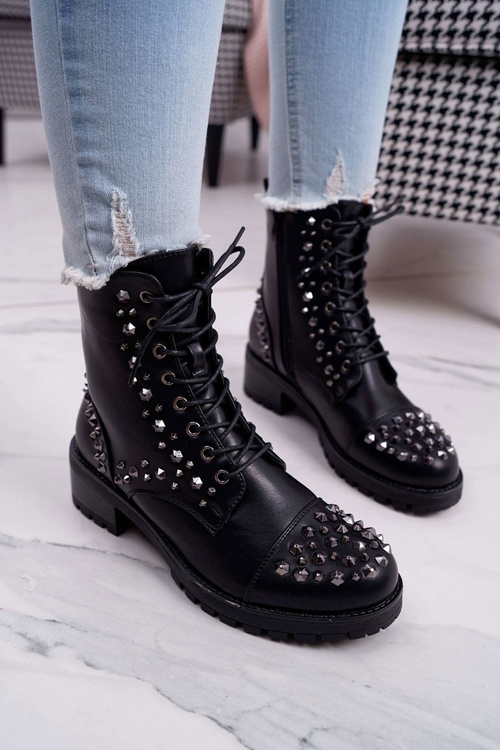 Жіночі робочі черевики зі стразами чорного кольору