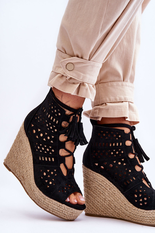 Замшеві ажурні чоботи на танкетці Чорні Berthe