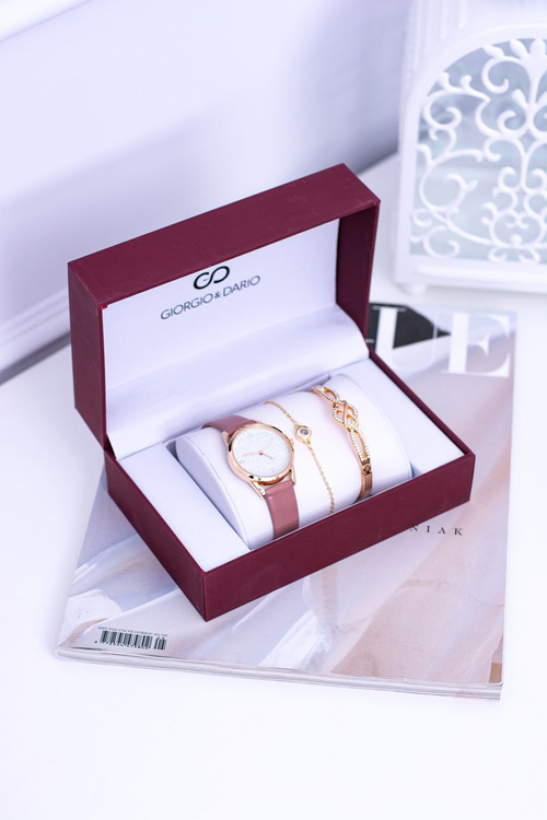 Жіночий набір Пудрово-рожевий годинник Giorgio Dario з двома браслетами з парчі