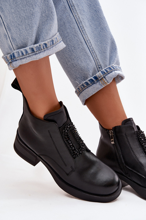 Шкіряні жіночі ботильйони на каблуці з оздобленням D і JC52-869 Чорні