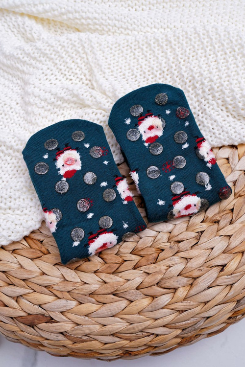 Жіночі різдвяні шкарпетки протиковзаючі зелені з Дідом Морозом