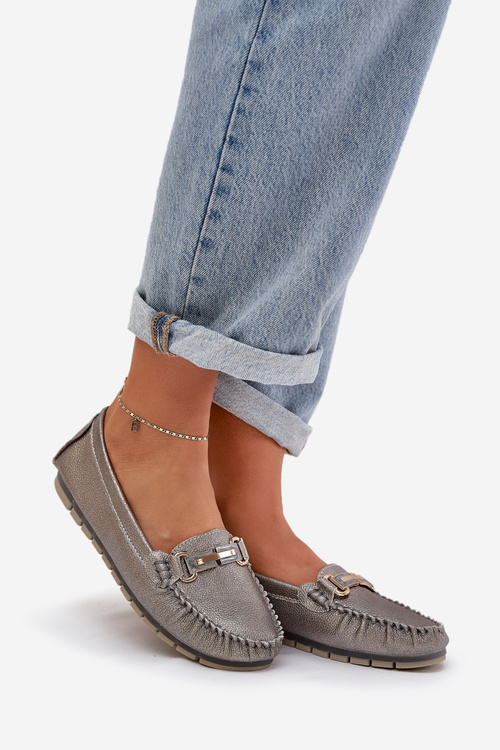 Блискучі Плоскі Мокасини З Натуральної Шкіри D&A LR51-546 Сріблясті