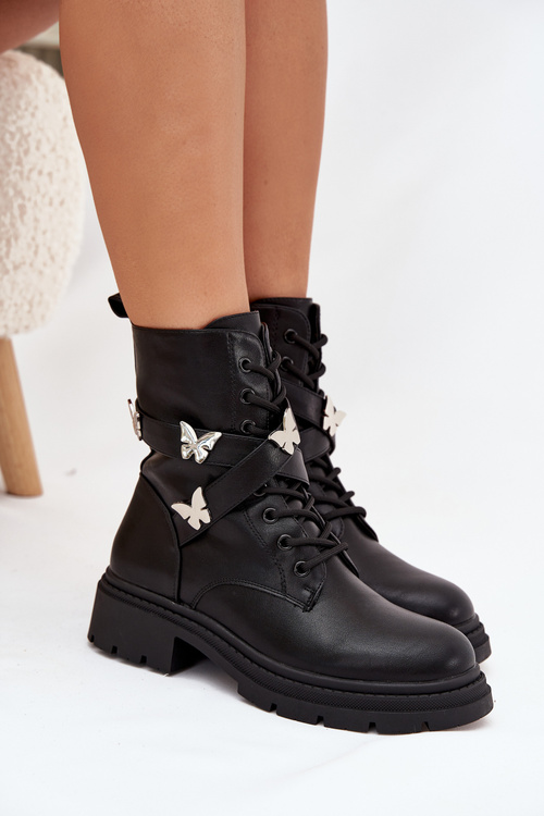 Ізольовані робочі черевики з ременем і срібними пряжками Чорні Kaelina