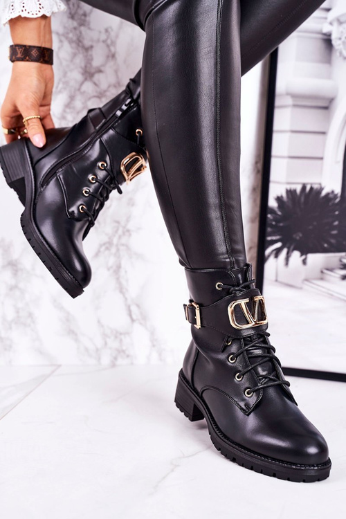 Жіночі утеплені чоботи із золотою пряжкою Black Vera