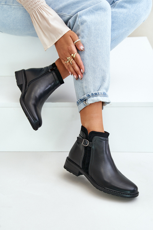 Теплі жіночі ботильйони на низькому ходу та блискавці з екошкіри Taitha чорного кольору