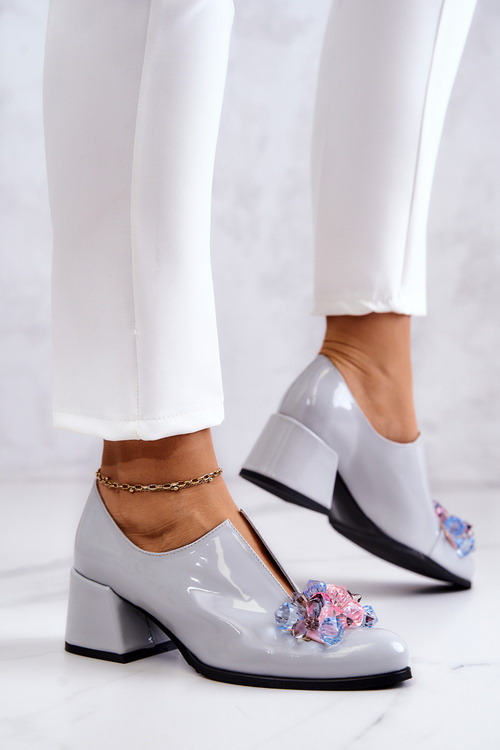 Лаковані шкіряні гладкі туфлі з декором сірий Delaver