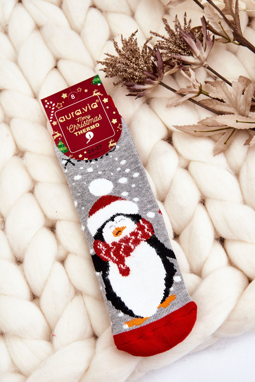 Дитячі новорічні бавовняні термоактивні шкарпетки Penguin Grey