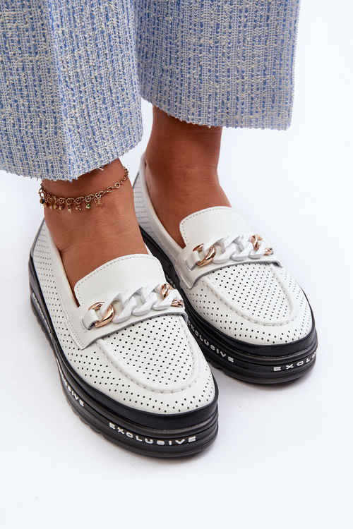 Жіночі шкіряні лофери на платформі з ланцюжком S.Barski LR618 білі