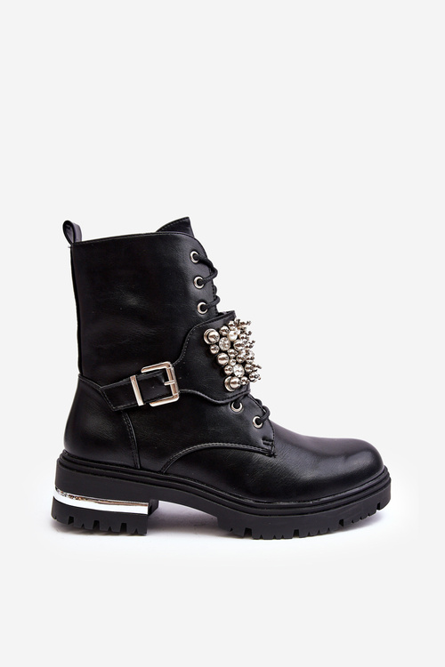 Жіночі утеплені робочі черевики з декором чорного ленна