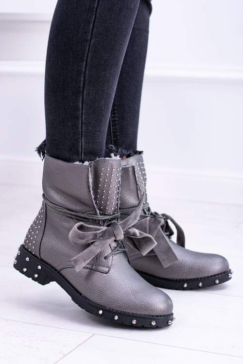 Жіночі утеплені чоботи з шипами і стразами Срібні Neso