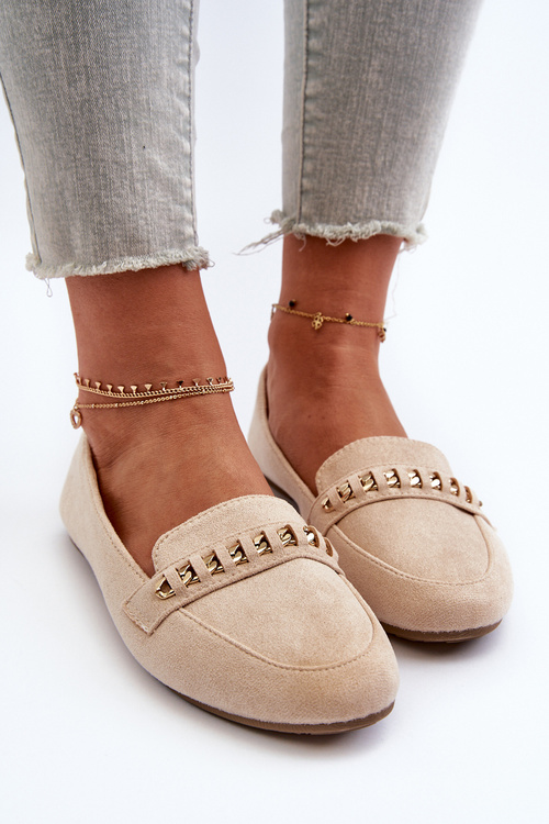 Блискучі жіночі лофери з ланцюжком бежеві Aredilla