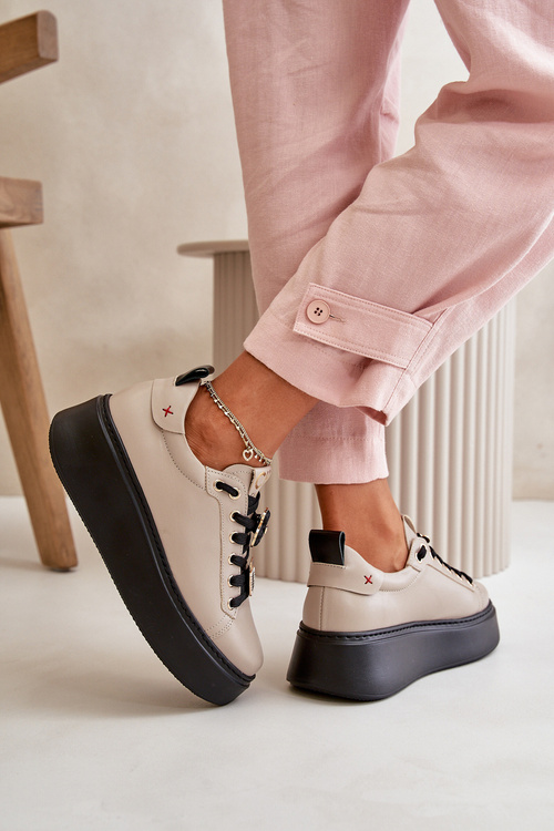 Жіночі шкіряні кросівки зі шпильками на платформі бежеві CheBello 4596