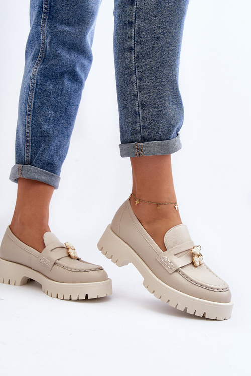 Шкіряні мокасини з ведмедиком CheBello 4291 Світло-бежевий