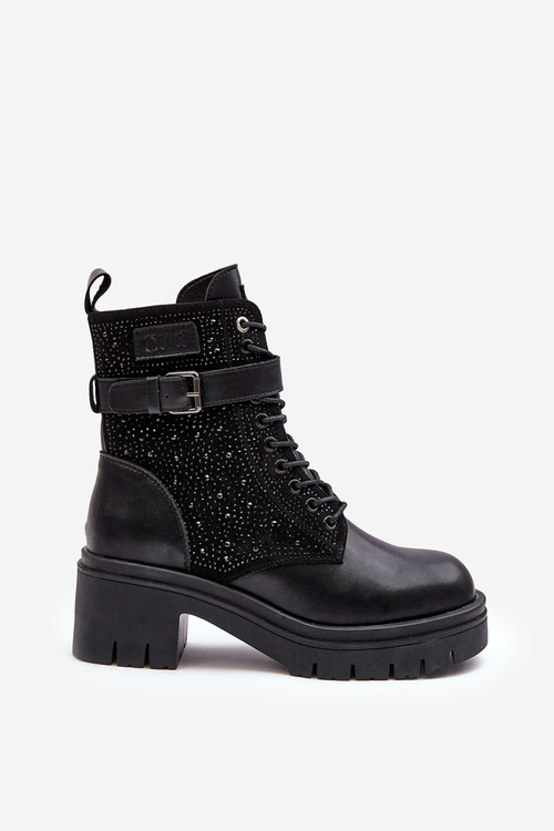 Чоботи шкіряні робочі, прикрашені стразами GOE MM2N4041 Чорні